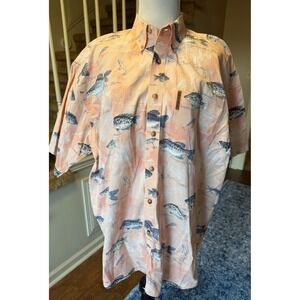 North River Outfitters Mens Peach Fishing Print Short Sleeve Button Down Shirt L